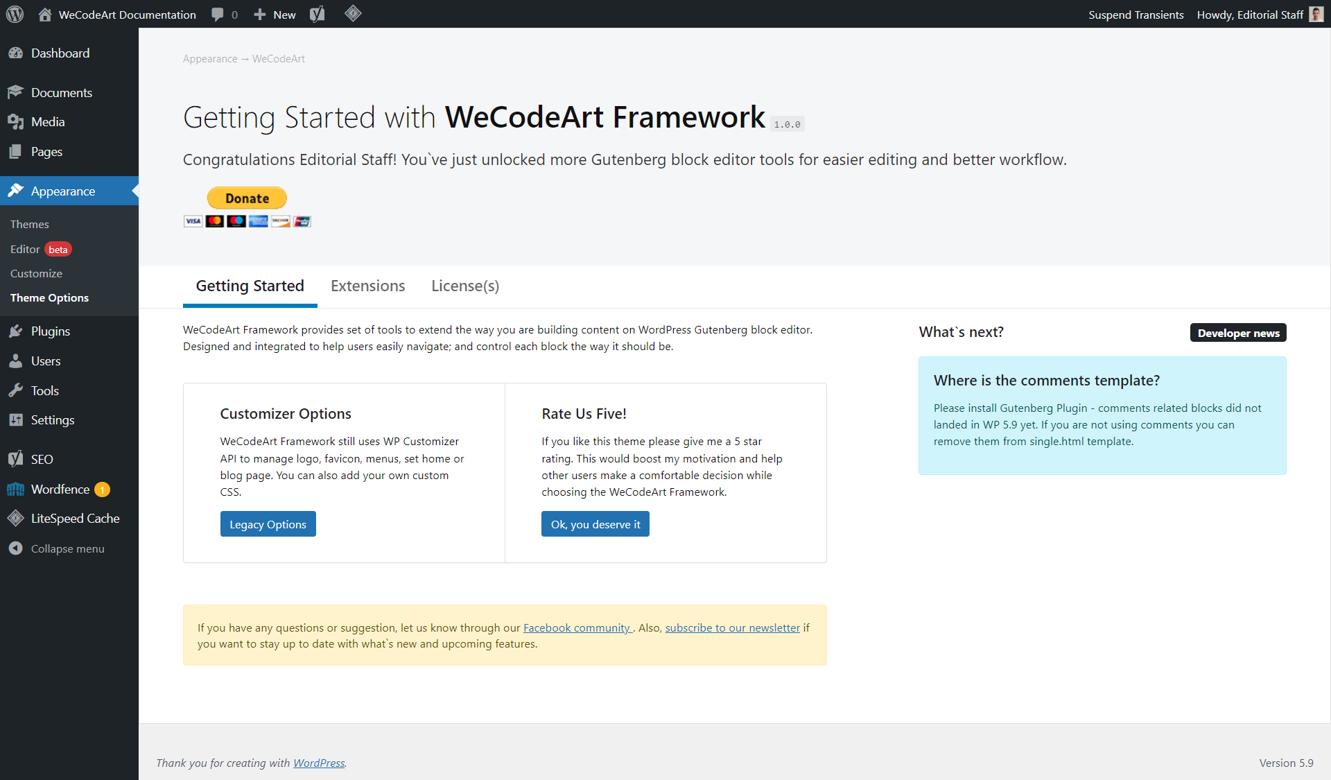 WeCodeArt Framework Options Panel